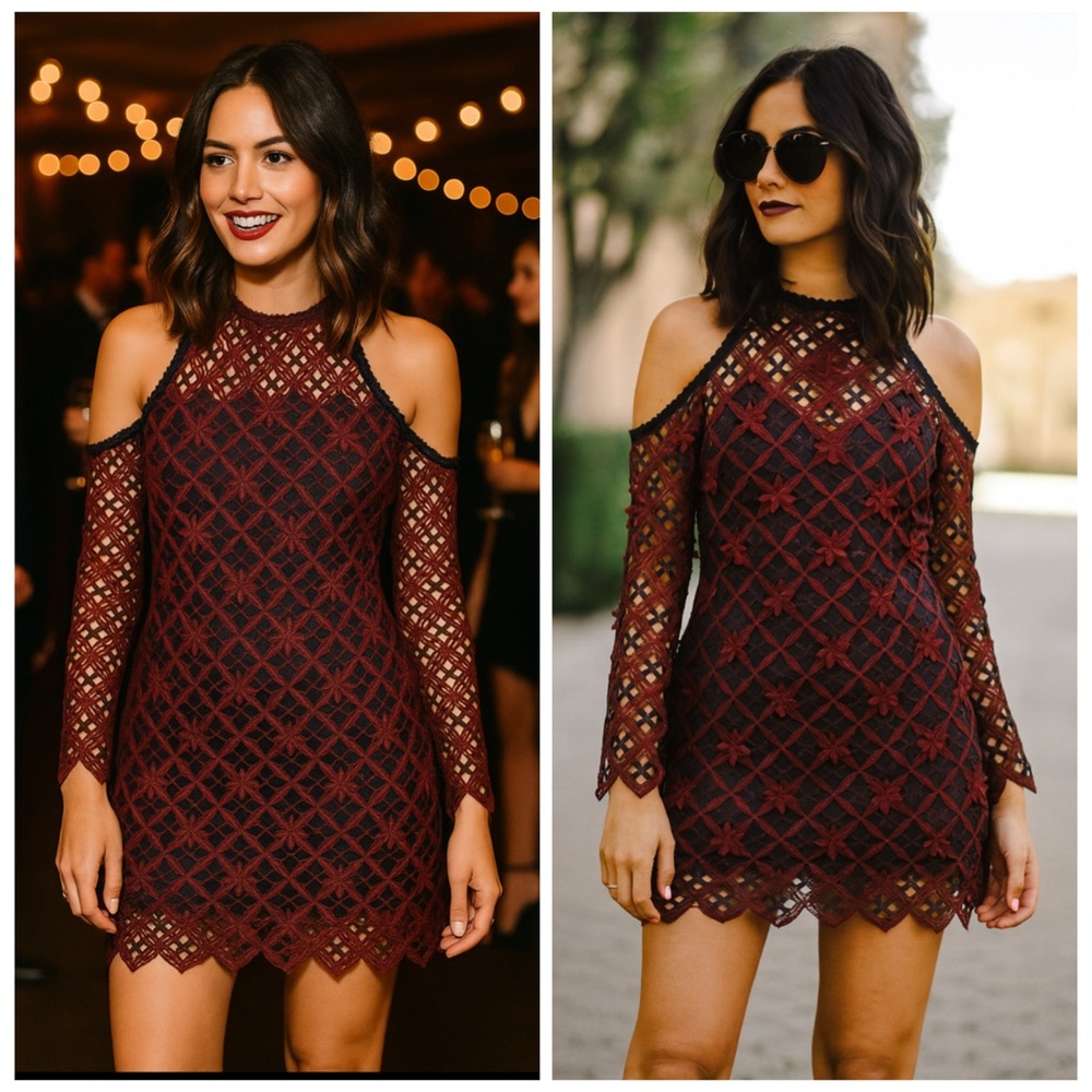SELF-PORTRAIT Red Blue Guipure Lace Cold Shoulder Mini Dress Size 0 - Picture 2 of 14